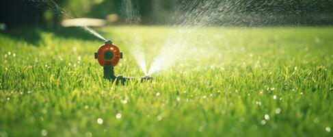 ai generato automatico giardino prato spruzzatore nel azione irrigazione erba. ai generato foto