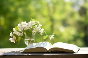 ai generato gelsomino fiori nel un' vaso e Aperto libro su il tavolo, verde naturale sfondo. ai generato foto