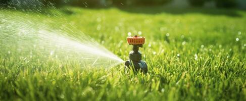 ai generato automatico giardino prato spruzzatore nel azione irrigazione erba. ai generato foto