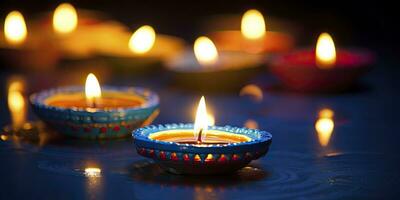 ai generato contento diwali. diya olio lampade erano illuminato durante il celebrazione. ai generato foto