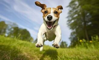 ai generato Jack russel parroco cane correre verso il telecamera Basso angolo alto velocità sparo. ai generato foto