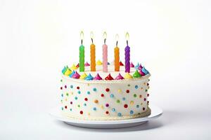 ai generato colorato compleanno torta con candele isolato su bianca sfondo. ai generato foto