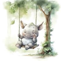 ai generato carino contento bambino rinoceronte su altalene nel il albero nel acquerello stile. ai generato foto