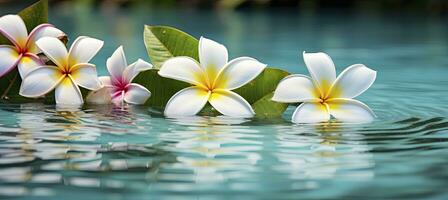 ai generato plumeria fiori su verde foglia galleggiante su acqua. un' tranquillo, calmo e sereno scena con un' toccare di natura e bellezza. ai generato foto