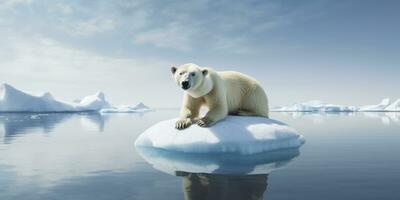 ai generato polare orso su ghiaccio lastrone. fusione iceberg e globale riscaldamento. ai generato foto
