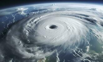 ai generato super tifone, tropicale tempesta, ciclone, tornado, al di sopra di oceano. tempo metereologico sfondo. generativo ai foto