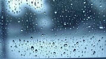 ai generato gocce di pioggia su il finestra. blu tono. generativo ai foto