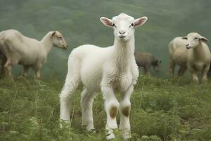 ai generato bianca agnello nel un' campo nel davanti di altro animali. generativo ai foto