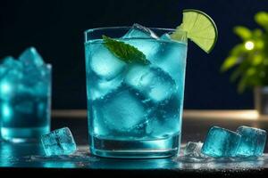 ai generato blu laguna Mojito con ghiaccio cubi. professionista foto