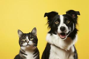 ai generato gatto e cane insieme con contento espressioni su giallo sfondo. ai generato foto