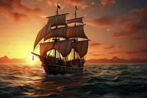 ai generato pirata nave andare in barca su il oceano a tramonto. Vintage ▾ crociera. ai generato foto