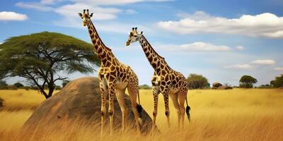 ai generato giraffe nel il africano savana. serengeti nazionale parco. Africa. Tanzania. ai generato foto