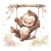 ai generato carino contento bambino scimmia su altalene su un' albero nel acquerello. ai generato foto