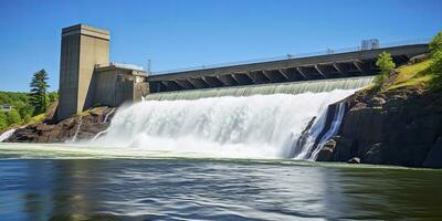 ai generato idroelettrico diga generando verde energia a partire dal fluente acqua. ai generato. foto