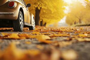 ai generato auto su asfalto strada su un autunno giorno a il parco. ai generato foto