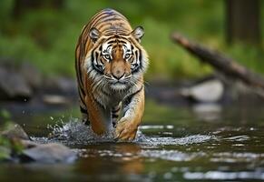 ai generato amur tigre a piedi nel il acqua. pericoloso animale. animale nel un' verde foresta flusso. generativo ai foto