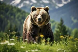 ai generato Marrone orso in movimento su il verde prato nel primavera natura. ai generato foto