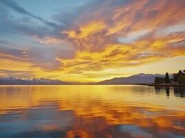 ai generato luminosa tramonto al di sopra di lago d'oro nuvole riflettere nel il acqua. ai generato. foto