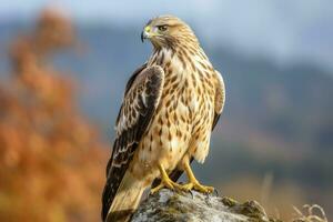 ai generato falco seduta su roccia guardare per preda. ai generato foto