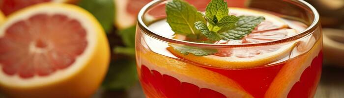 ai generato rosso arancia punch con verde menta casa fatto cocktail avvicinamento su legna sfondo. generativo ai foto