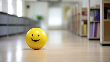 ai generato un' giallo sorridente palla può promuovere un' positivo opera ambiente. generativo ai foto