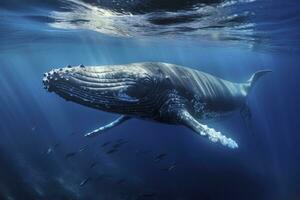 ai generato giovane gobba balena nel blu acqua. ai generato foto