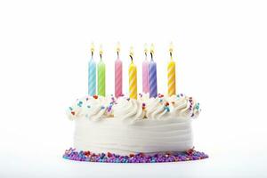 ai generato colorato compleanno torta con candele isolato su bianca sfondo. ai generato foto