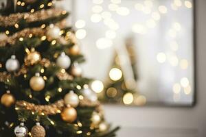 ai generato sfocato Natale albero con molti diverso decorazioni. ai generato foto