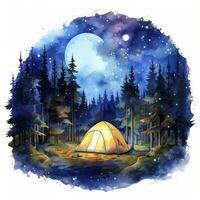 ai generato un' campeggio tenda nel il foresta con notte cielo, acquerello per maglietta design. ai generato foto