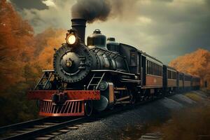 ai generato foto di un' Vintage ▾ treno locomotiva su brani. generativo ai