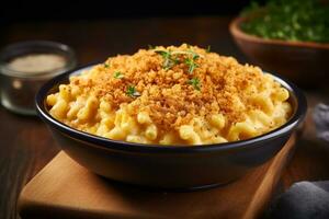 ai generato foto di un' delizioso ciotola di cremoso maccheroni e formaggio con un' croccante Percorso di navigazione guarnizione. generativo ai