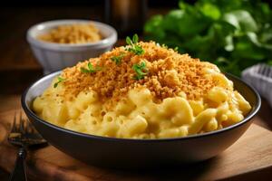 ai generato foto di un' delizioso ciotola di cremoso maccheroni e formaggio con un' croccante Percorso di navigazione guarnizione. generativo ai