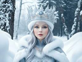 ai generato neve Regina con corona nel neve nel inverno foresta ai creare foto