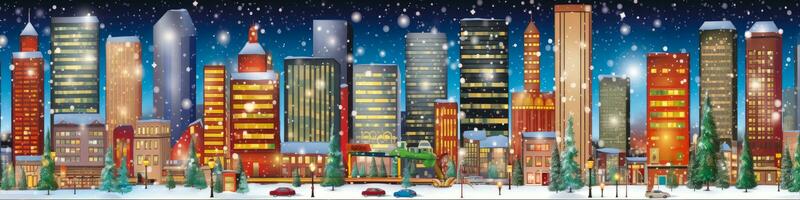 ai generato bandiera Natale paesaggio urbano durante nevicata. colorato città su il vigilia di il nuovo anno. foto
