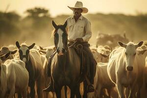 ai generato ritratto anziano uomo nel cowboy cappello groppa equitazione su montagna sentiero. neurale Rete ai generato foto