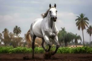 ai generato giovane Marrone cavallo al galoppo, salto su il campo su un' neutro sfondo. neurale Rete ai generato foto