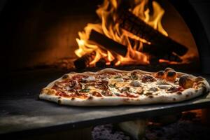 ai generato foto di un' Pizza essere tirato su di un' a legna forno. generativo ai