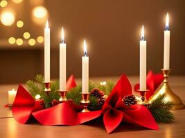 ai generato allegro Natale e contento nuovo anno. candelieri con candele, pino coni e abete rami. generativo ai. foto