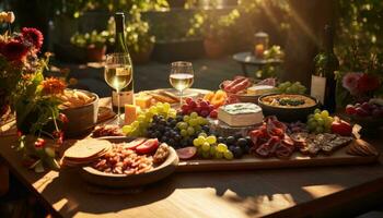 ai generato un' tavolo con un' varietà di cibo è pieno con vino, cibo, e spuntini foto