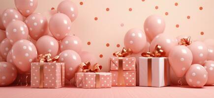 ai generato un' rosa spazio con palloncini e i regali dietro a il rosa sfondo polka punto sfondo foto