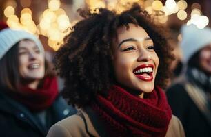 ai generato coro di persone cantando su il strada nel inverno foto