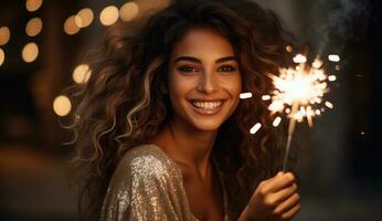 ai generato un' donna è Tenere un' sparkler nel sua mani e sorridente foto