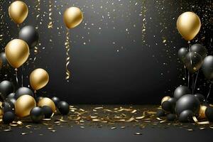 ai generato contento nuovo anno sfondo con palloncini e coriandoli nero design foto