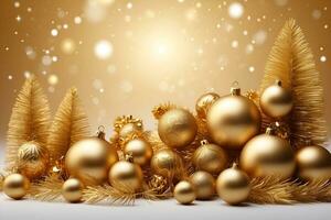 ai generato realistico allegro Natale e contento nuovo anno celebrazione sfondo con globi, noel, Natività, orpelli, regalo scatola, inverno stagione foto