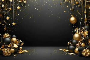 ai generato contento nuovo anno sfondo con d'oro stelle e nastri, nero pendenza sfondo foto