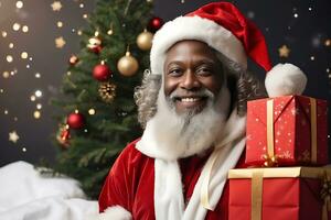 ai generato americano Santa Claus nero afro Santa nel bianca neve paesaggio contento sorridente ritratto allegro foto