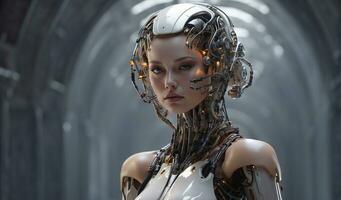 ai generato ai femmina cyborg futuristico tecnologia artificiale intelligenza ragazza illustrazione. foto