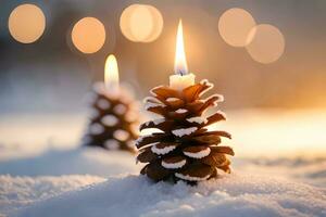 ai generato un' candela è illuminato nel il neve con pino coni foto