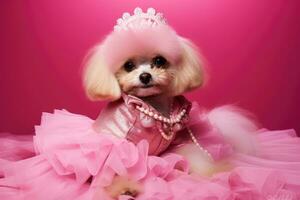 ai generato carino barboncino cucciolo nel rosa tutu su rosa sfondo, adorabile cane nel un' rosa Barbie costume, ai generato foto