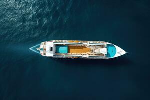 ai generato aereo Visualizza di un' lusso yacht andare in barca nel il blu mare, aereo superiore giù Visualizza di un' crociera nave arco in viaggio al di sopra di blu oceano, ai generato foto